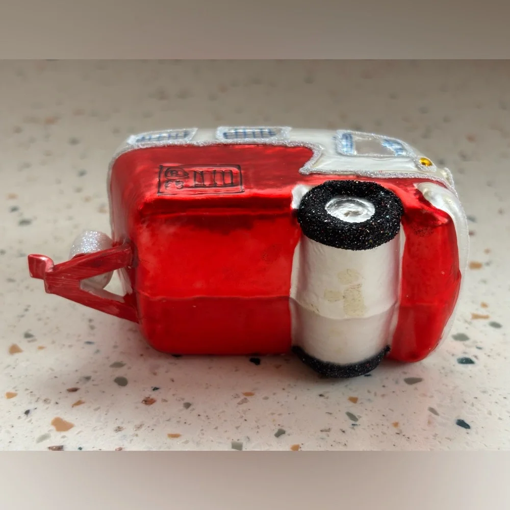 Festive Red and White Vintage Travel Trailer Camper‎ Glass Ornament